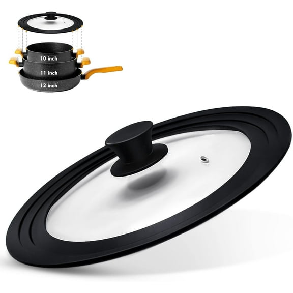 Universal Lid for Pots and Pans - Tempered Glass Pan Lid with Heat Resistant Silicone Rim, One Size Fits All 10-12 inch Pots Frying Pans Skillets Woks - Black Handle