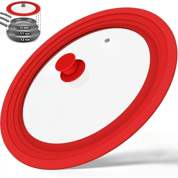 Universal Lid for Pots and Pans - Tempered Glass Pan Lid with Heat Resistant Silicone Rim, One Size Fits All 10-12 inch Pots Frying Pans Skillets Woks - Red Handle