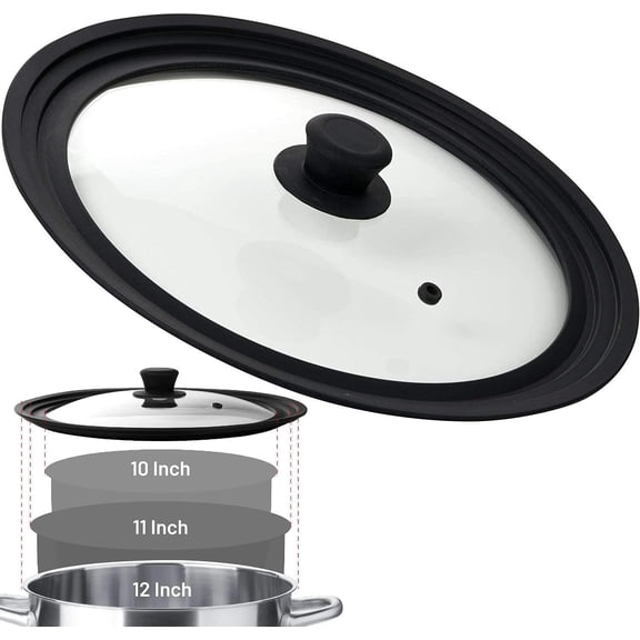 Universal Lid for Pots, Pans and Skillets, Pot Lid With Heat Resistant Silicone Rim and Tempered Glass,Fits 10", 11", 12" Diameter Pots and Pans