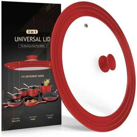 Universal Lid for Pots, Pans and Skillets - Tempered Glass with Heat Resistant Silicone Rim, Fits 10", 11" and 12" Diameter Cookware, Round Red