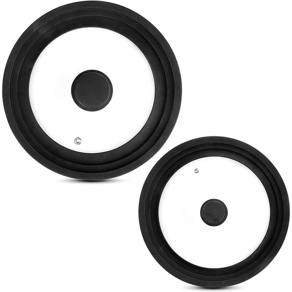 Universal Lids (Set of 2) Fits 7 to 12-Inch Cookware, Silicone Replacement Pan Lid, Glass Top Covers for Skillets, Pots, Frying Pans, Cast Iron, CrockPot - Black