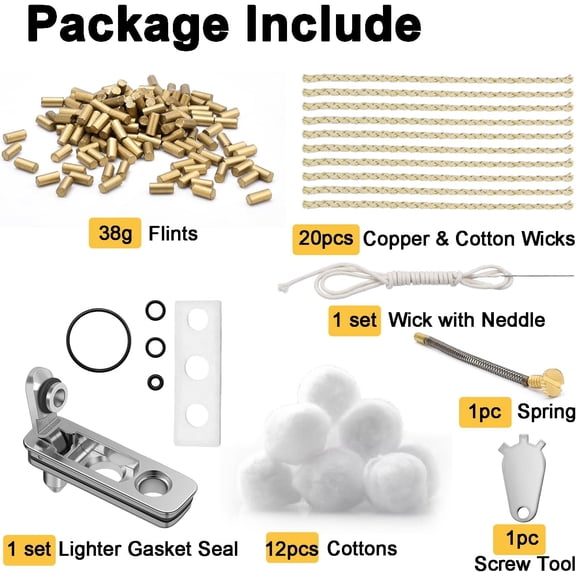 Universal Lighter Repair Kit 300PCS Flint +20PCS Cotton Wick+1 Pack Lighter Gasket Seal+12pcs Wadding Cotton+Cotton Needle,Flint Spring,Screw Tool, Contains All Lighter Replacement Parts