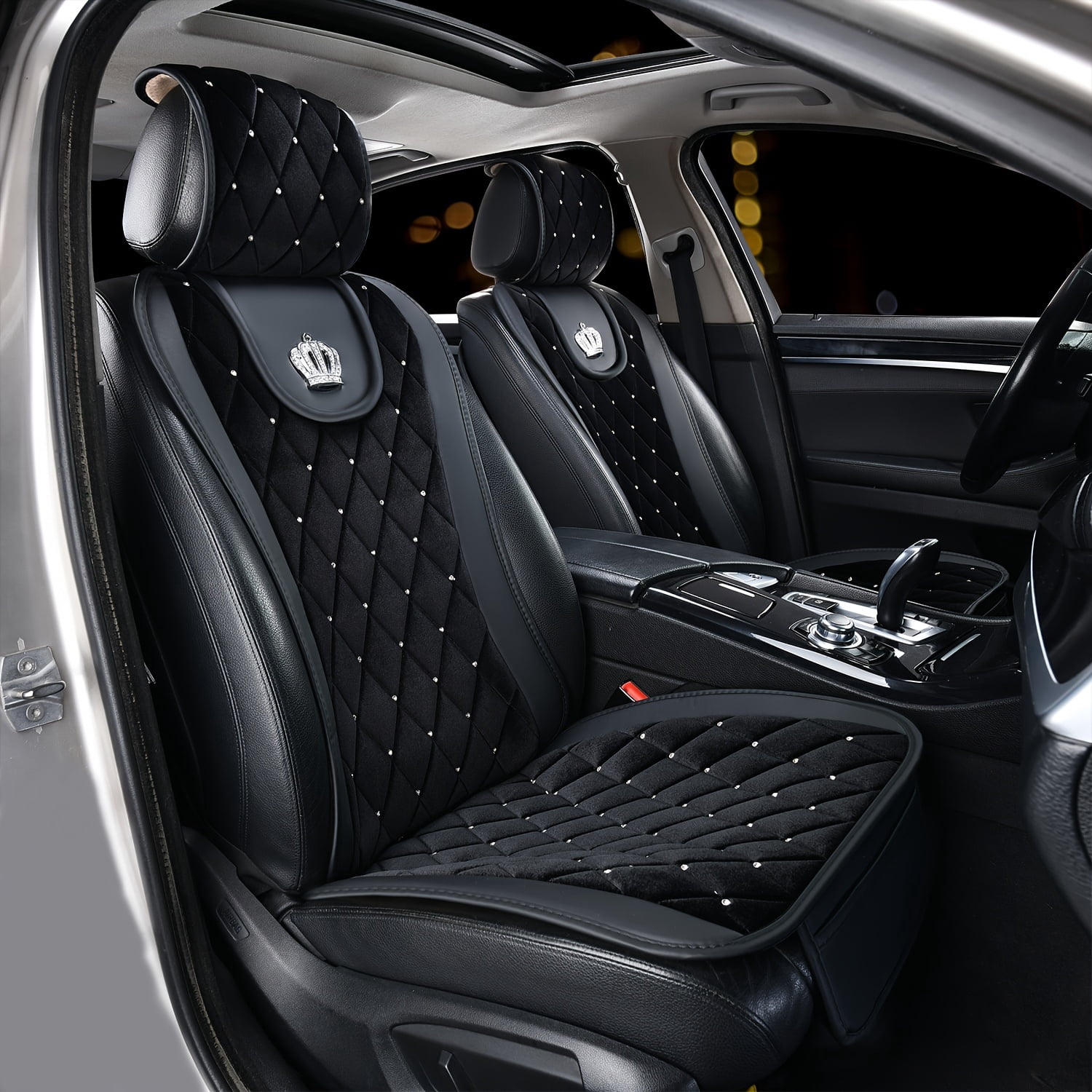 Universal Luxury Car Seat Covers, Front & Rear Cushion with Sparkling Rhinestone Inlaid Queen Crown, Premium Bling Car Interior Accessories