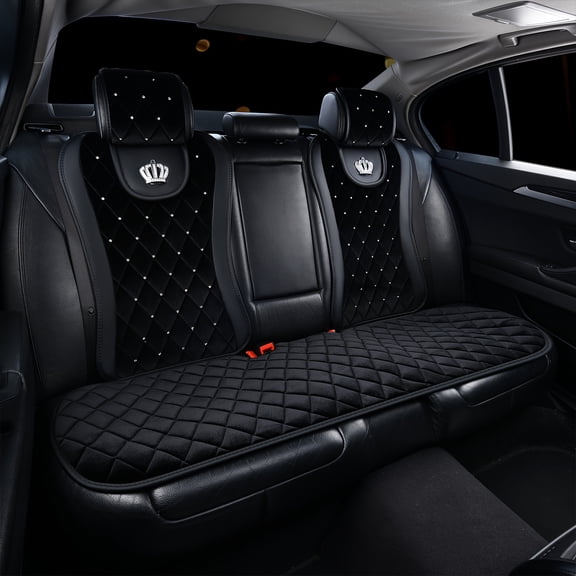 Universal Luxury Car Seat Covers, Front & Rear Cushion with Sparkling Rhinestone Inlaid Queen Crown, Premium Bling Car Interior Accessories