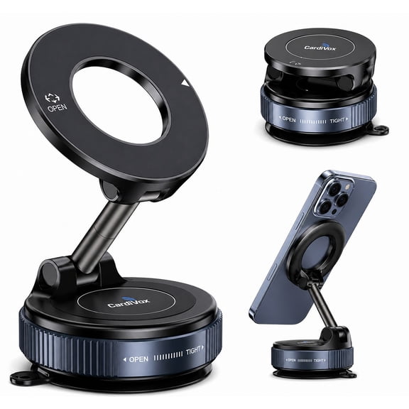 CardiVox Magsafe Car Phone Holder Universal Dashboard Mount Phone Holder for Cars for iPhone and Android 360 Rotation Foldable Suction Cup Stand