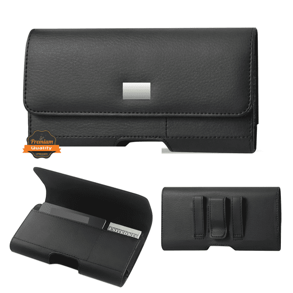 Universal Magnetic Leather Phone Pouch Case with Belt Clip, Card Slot Holder, Secure Magnetic Closure, Soft Lining Protection, Fits Most 5.2" - 5.5" Smartphones [Black]