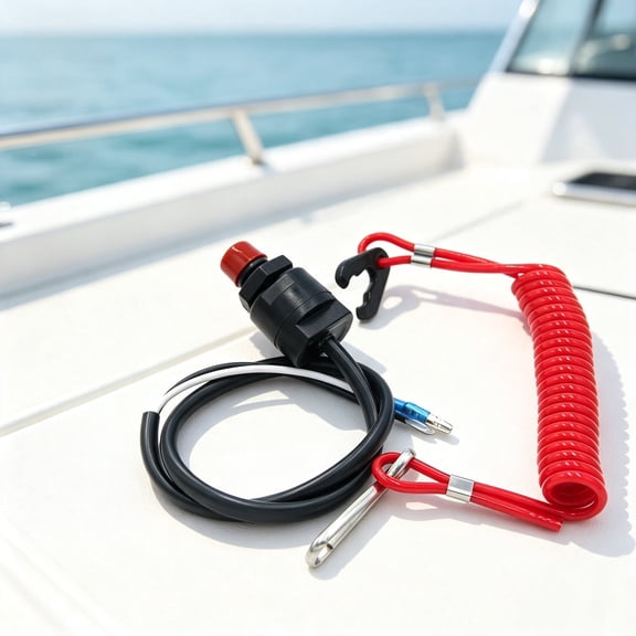 Universal Marine Outboard Engine Emergency Kill Switch, Boat Motor Safety Cut Off Switch with Flexible Coiled Safety Tether Lanyard