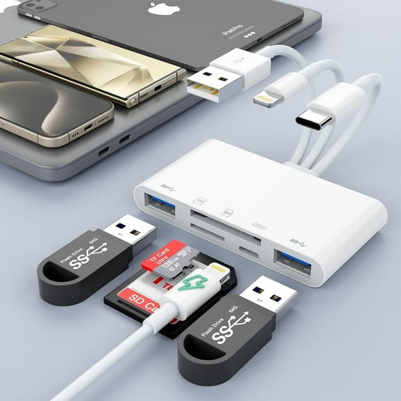 Universal Memory Card Reader 5 in 1 SD Card Reader for iPhone,USB OTG Adapter & SD/TF Card Camera Viewer for iPhone/iPad/PC/Android/Camera/USB C & A Devices