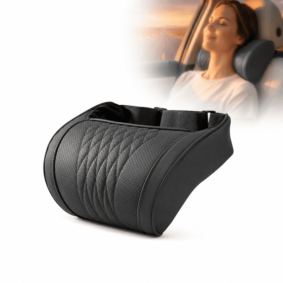 Universal Memory Foam Car Headrest Neck Pillow, Ergonomic 3D Curve Support for Neck & Shoulder, Adjustable Straps, Breathable Leather Cover for Car, Truck & Office Chair(Black)