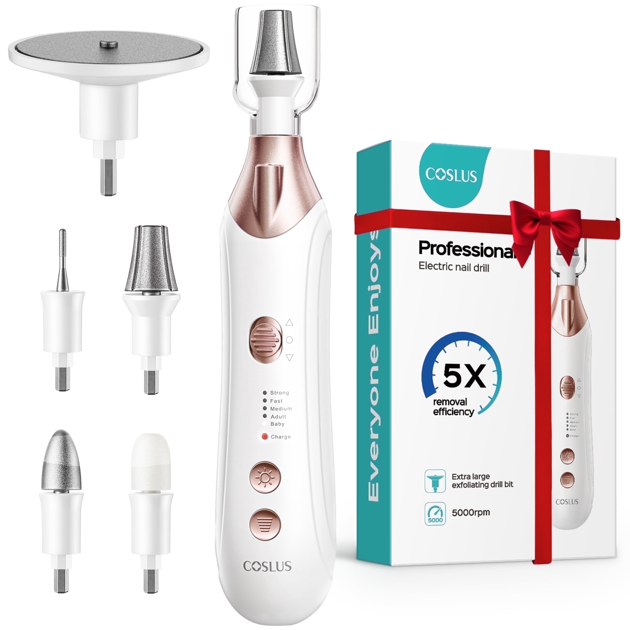 COSLUS CX43 Professional Manicure Pedicure Kit,Electric Nail File,Wider for Thick Nails,Cordless,5 Speed,for Men Women Seniors Home Salon,White