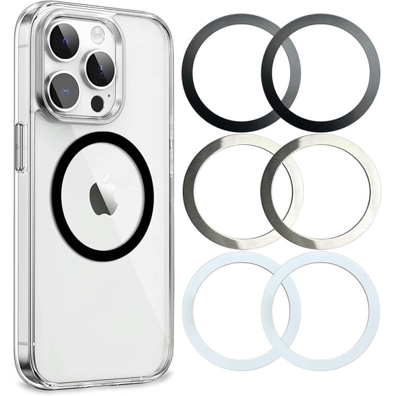 Universal Metal Rings Compatible with Magsafe Sticker,Magnetic Ring for Phone Cases & Wireless Charging, 6 Pack (2 Black,2 White 2 Silver)