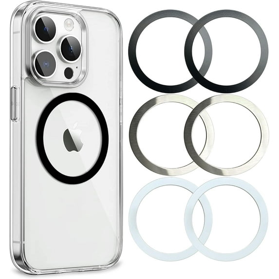 Universal Metal Rings Compatible with Magsafe Sticker,Magnetic Ring for Phone Cases & Wireless Charging, 6 Pack (2 Black,2 White & 2 Silver)