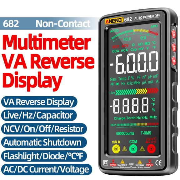 Universal Meter Digital 682 6000 Counts Large LCD Digital Multimeter Smart Anti-burn Rechargeable Universal Meter VA Reverse Screen NCV Tester with Flashlight for Voltage Current Resistance