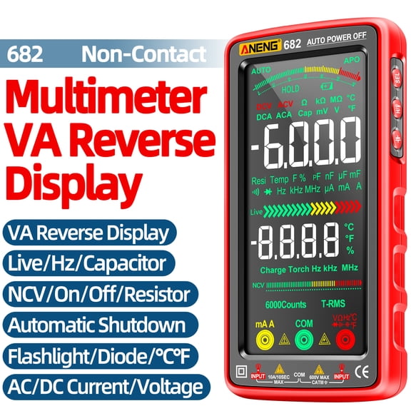 Universal Meter Screen 682 6000 Counts Large LCD Digital Multimeter Smart Anti-burn Rechargeable Universal Meter VA Reverse Screen NCV Tester with Flashlight for Voltage Current Resistance