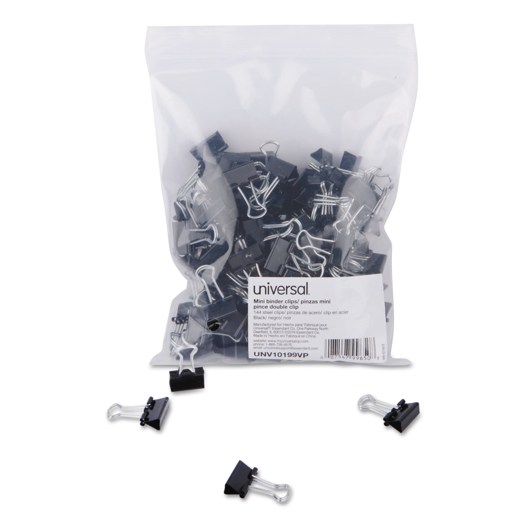 "Universal Mini Bulk Small Binder Clips, 5/8"" Wide, 1/4"" Capacity, ZipSeal Bag, Black, 144