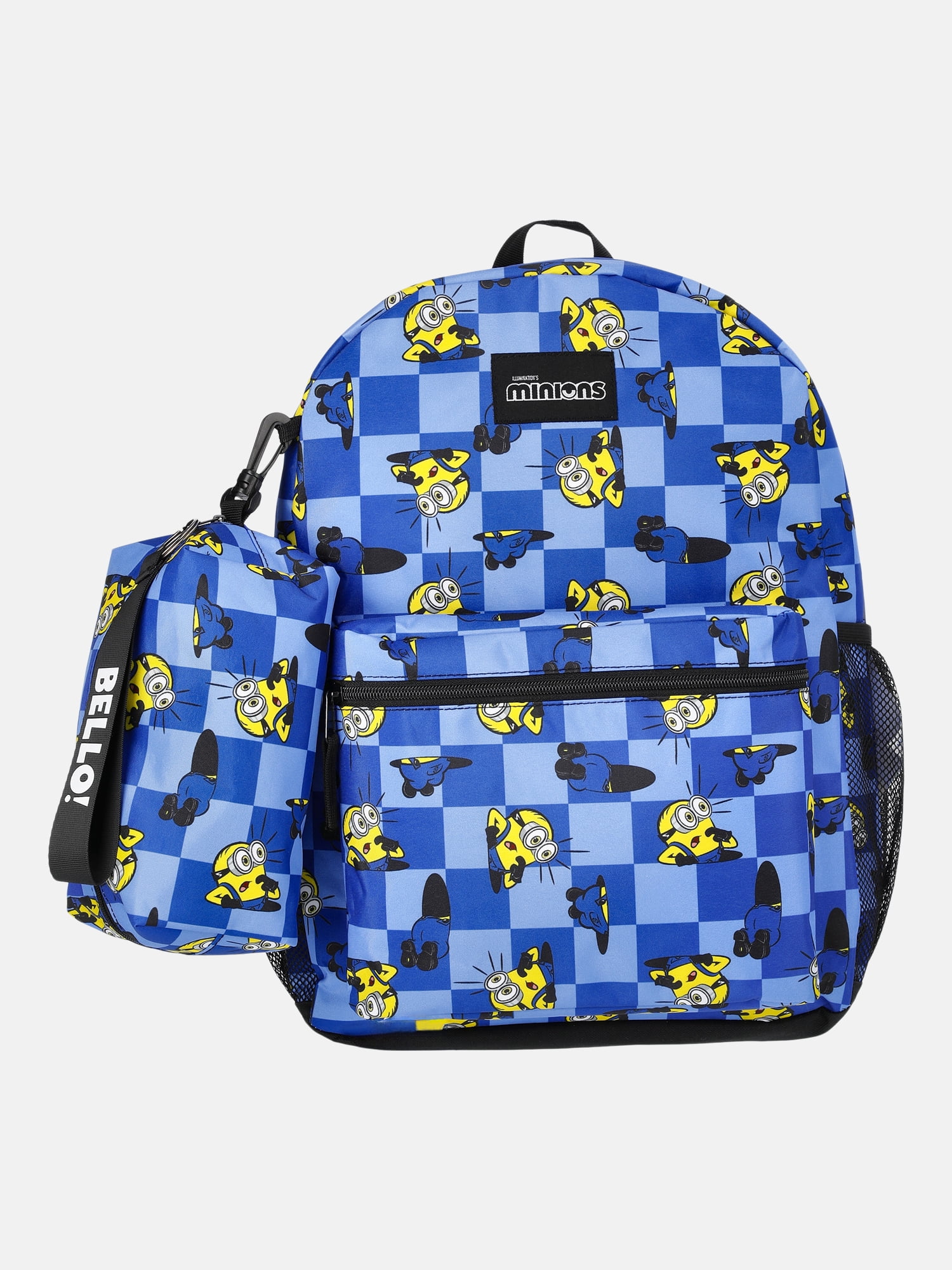 Illumination Minions Unisex 17" Allover-Printed Checkered Backpack with Pencil Pouch, Blue