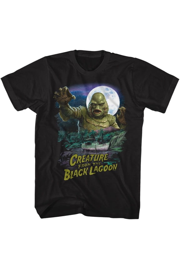 Universal Monsters Creature From The Black Lagoon Boat Scene Black Adult T-Shirt