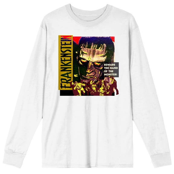 Universal Monsters Frankenstein Beware The Hand Of The Monster Crew Neck Long Sleeve White Adult Tee-3XL