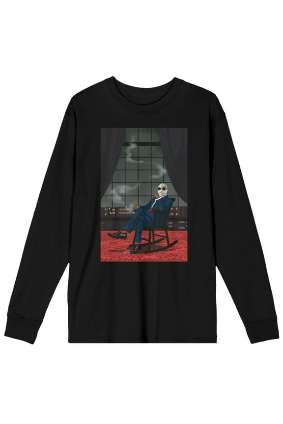 Universal Monsters Invisible Man Smoking On Rocking Chair Crew Neck Long Sleeve Black Adult Tee-XL