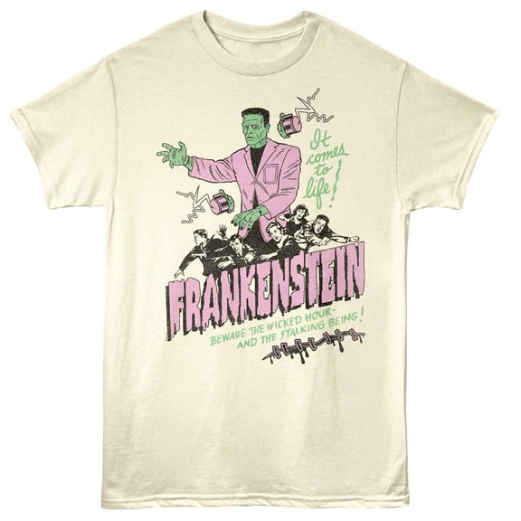 Frankenstein Comes to Life Naturally Men’s T Shirt (Ivory, AdultS)