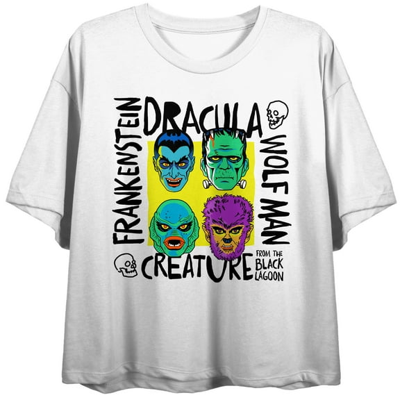 Universal Monsters Neon Scribble Character Heads Crew Neck Short Sleeve Women's White Crop Top-Medium