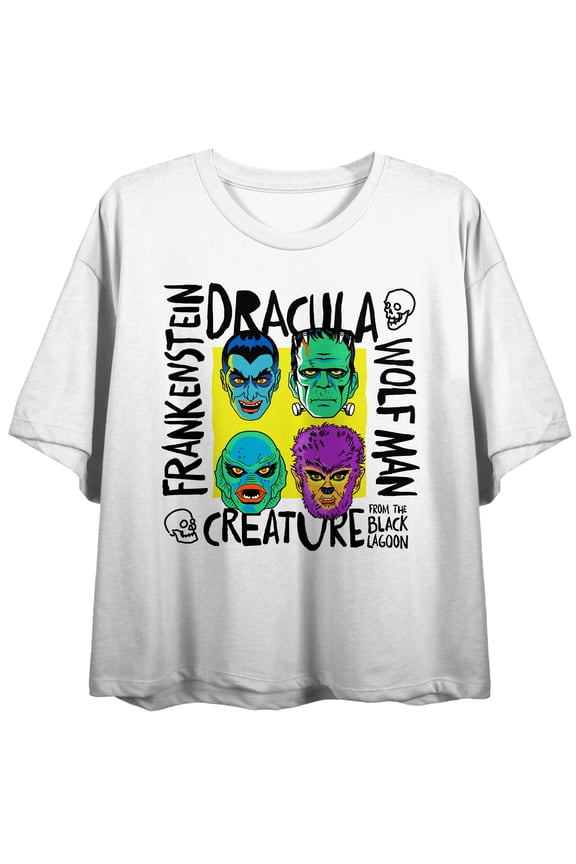 Universal Monsters Neon Scribble Character Heads Crew Neck Short Sleeve Women's White Crop Top-XL