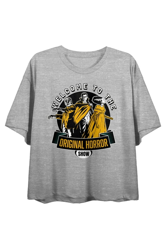 Universal Monsters Welcome To The Original Horror Show Crew Neck Short Sleeve Gray Heather Women's Crop Top
-Medium