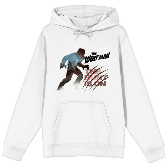 Universal Monsters Wolfman The Hunt Is On Long Sleeve White Adult Hooded Sweatshirt-Medium