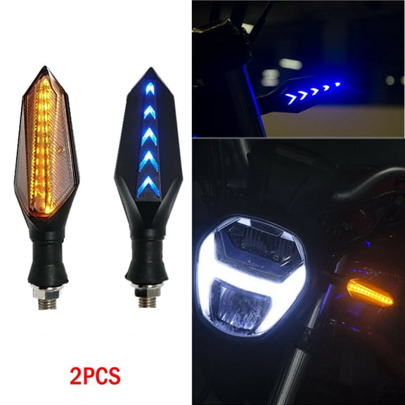 Universal Motorcycle LED Turn Signal Lights, 12V Sequential Flowing Amber Blinker with Blue Arrow Daytime Running Light, Waterproof Indicator Lamps for Street Bike Sport Bike
