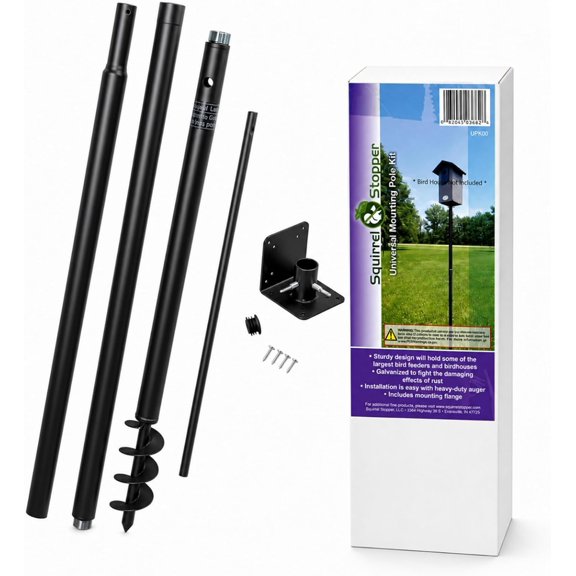 Universal Mounting Pole Kit - Heavy Duty Bird House or Bird Feeder Pole for Outdoors with 12 in Extender, Galvanized Steel, Threaded Joints, 30 lb Capacity, Auger Base