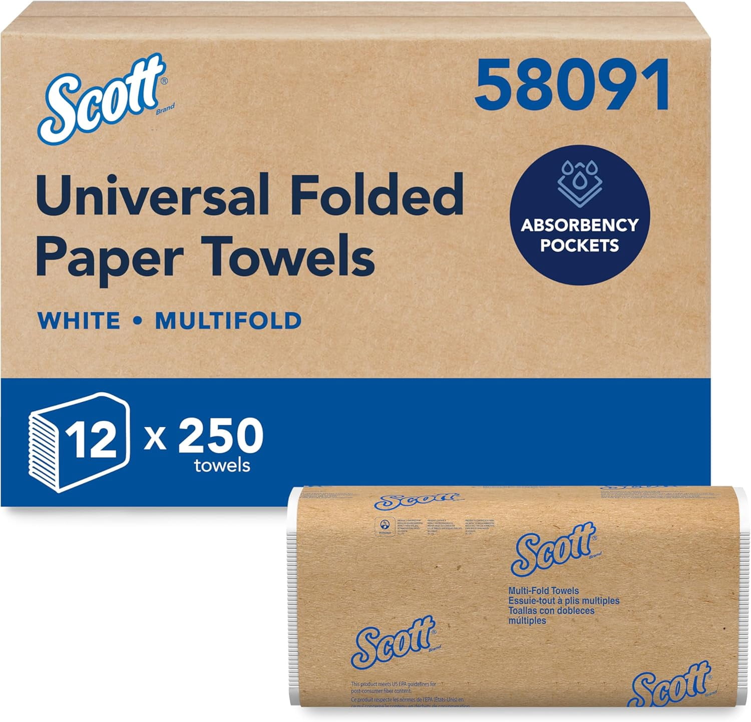 Universal Multifold Paper Towels, Bulk (58091), Absorbency Pockets, White, 9.2"x9.4" Towel, Compressed, Compact Case (250 Sheets/Pack, 12 Packs/Case, 3,000 Sheet Total)