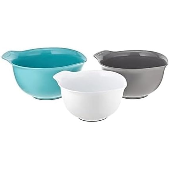 Universal Nesting Plastic Mixing Bowls, Set of 3 – 2.5 Quart, 3.5 Quart, 4.5 Quart, Non-Slip Base with Easy Pour Spout to Reduce Mess, Dishwasher Safe, Aqua Sky, White, Gray