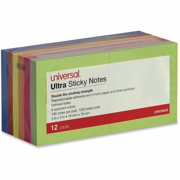 Universal Office Products 35632 Ultra Sticky Note Pads, 3" X 3", Assorted, 100 Sheets/pad, 12 Pads/pack