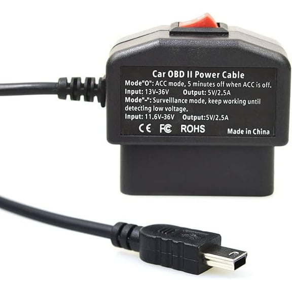 Universal OBD OBD2 Power Cable for Dash Camera 24 Hours Surveillance/Acc Mode with Switch Button, 3Pin OBDII Adapter Hardwire Charger Cable 12-26V to 5V 2.5A(Mini USB Straight Port) (1, Black)
