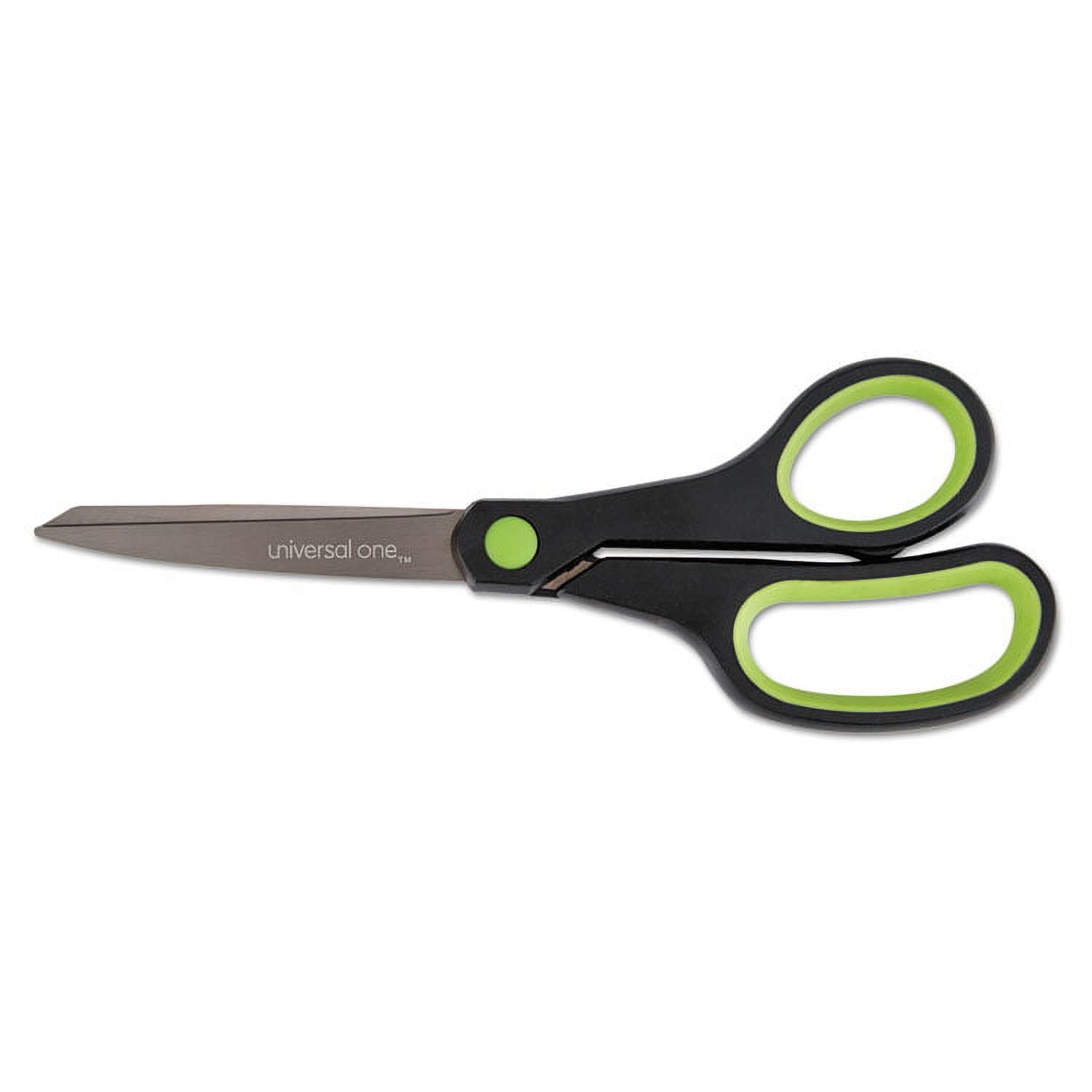 Universal Office Scissors, 8 Straight, Titanium Coated Blades, Pointed Tip, Black/Green - UNV92012