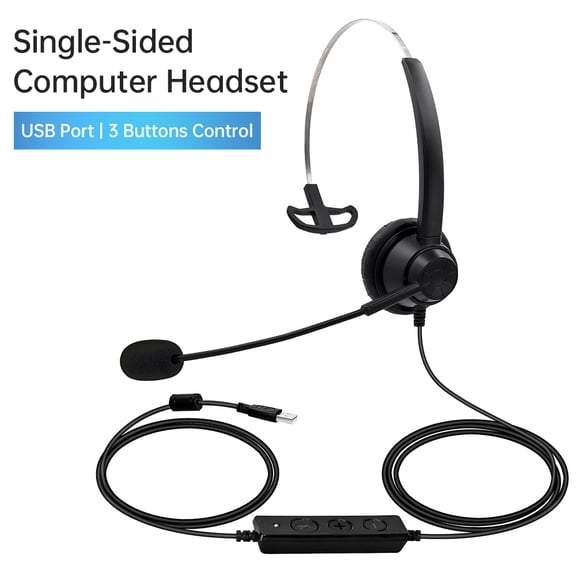 Universal Office Single-Sided USB Wired Computer Headset with Noise Cancelling Microphone, Inline Volume Control & Mute for PC Laptop, Clear Sound Headphone for Call Center Online Classes