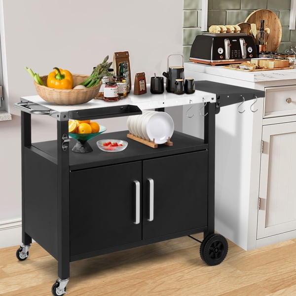 Universal Outdoor Grill Cart with Foldable Table & Lockable Wheels, 47.8" BBQ Prep Station with Storage Cabinet, Spice Rack, Hooks for Pizza Oven/Blackstone