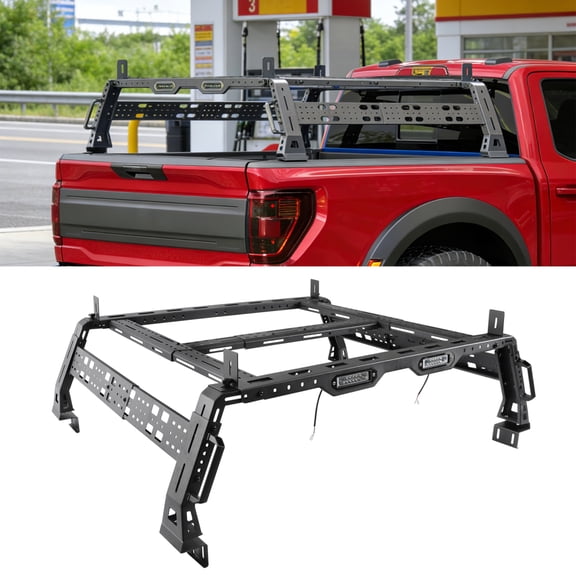 Universal Overland Truck Bed Rack with LED Light Bars, Heavy Duty Adjustable Cargo Rack for Tacoma, Tundra, F-150, Silverado, Gladiator, Ranger, Frontier, Colorado, Ram 1500, 400 lbs Dynamic Load, Bl