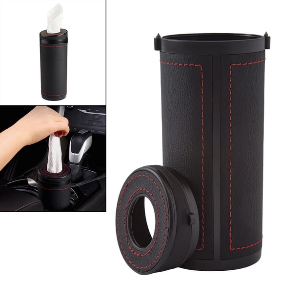 Universal PU Leather Cylinder Car Tissues Box, Round Container Tissue Tube Travel Facial Tissues Box with Broken Window Function Black