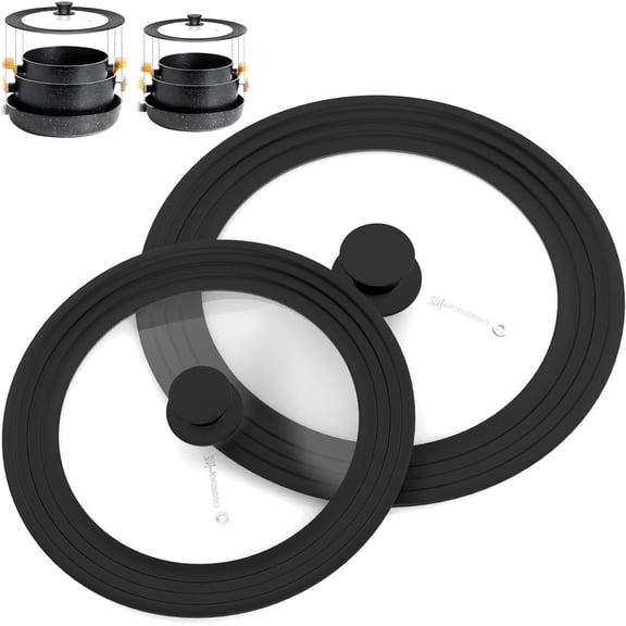 Universal Pan Lid for Pots Pans and Skillets 7.5-11.5 Inch - Tempered Glass Pot Lid Set with Auto-Sizing Silicone Rim, 2 Pack Black