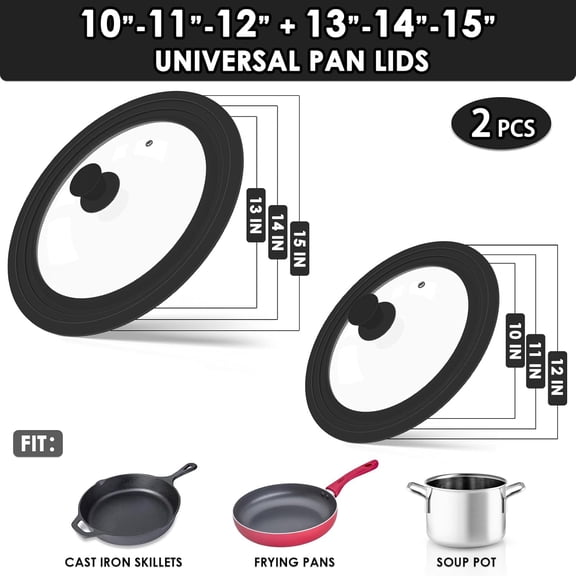 Universal Pan Lids, 2 Pcs Pot lids for Pots, Pans & Skillets - Fits 13", 14", 15" Diameter and 10", 11", 12" Diameter Cookware, Heat Resistant Frying Pan lid, Dishwasher Safe