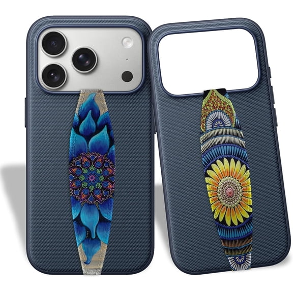 Universal Phone Grip Strap Pack of 2, Wireless Charging Compatible, Reversible & Customizable Slim Phone Grip Holder for iPhone, Samsung & Other Phone Cases - Yellow & Blue Mandala