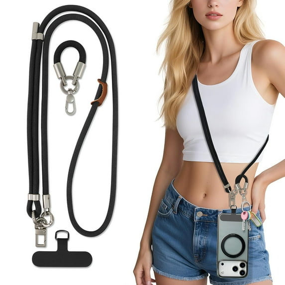 Universal Phone Lanyard Crossbody, Adjustable Cell Phone Neck Strap 8mm with Tether Tab, Tekcoo Anti Theft Detachable Women & Men Phone Lanyards Around the Neck for iPhone Android Smartphones (Black)