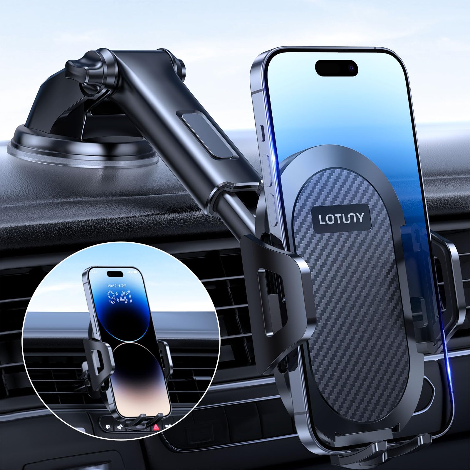 Universal Phone Mount for Car, [MilitaryGrade Reliable Suction] HandsFree Car Phone Holder