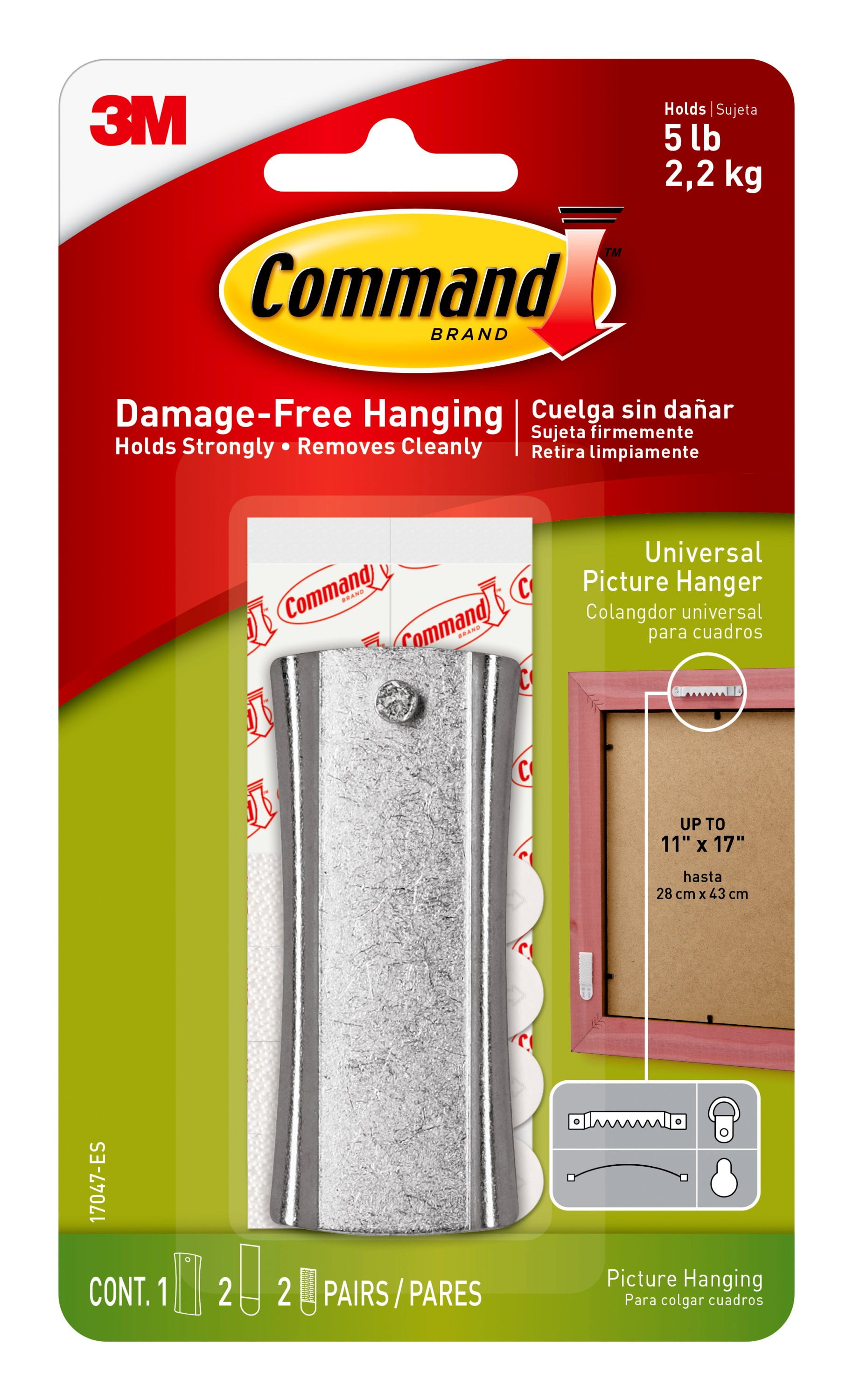 Universal Picture Hanger, Large, Silver, 5 Lb Capacity, 1 Hanger And 4 Strips | Bundle of 5 Each