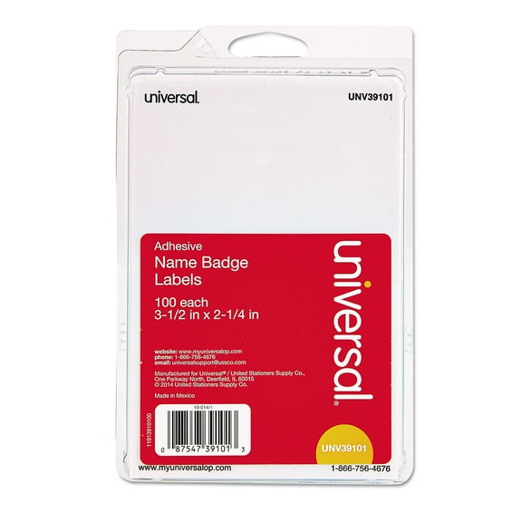 Universal Plain Self-Adhesive Name Badges, 3 1/2 x 2 1/4, White, 100/Pack -UNV39101