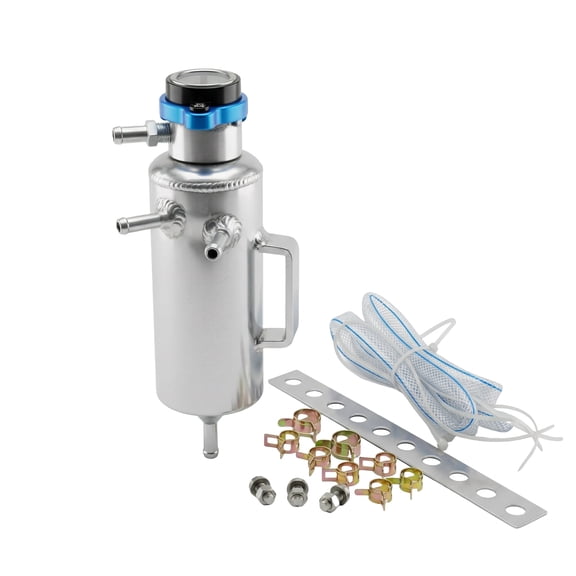 Universal Polished Aluminum Radiator Breather Tank 0.4L (13.5oz) with Temperature Gauge Cap Coolant Overflow Catch Can Kit