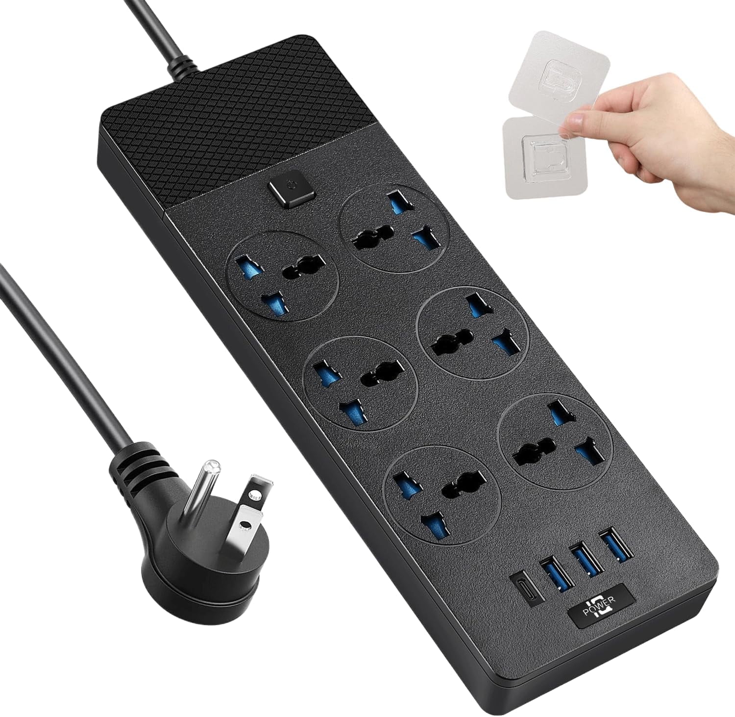 Universal Power Adapter, 3000w trip with 4 USB Ports (1 USB C), 6ft Extension Cord with International Outlets, 110-240v, European Travel Plug Adapter for Home Office Travel, Black