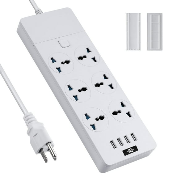 Universal Power Strip With 6ft Extension Cord, Multiple Outlets, 110-240v, 3000w, USB Ports, European Travel Plug Adapter, Wall Mount for Home Office Cruise, Black