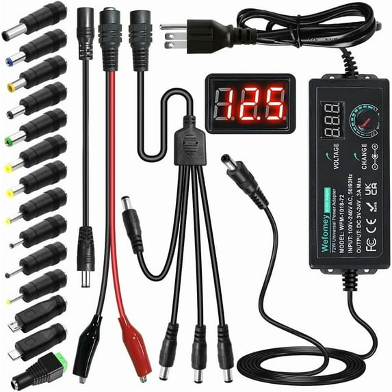 Universal Power Supply 3V~24V 3A 72W Adjustable Variable 3V 5V 9V 12V 18V 20V 24V AC/DC Adapter Charr, 100V-240V AC to DC Converter with 14 Tips, Polarity and 4-Way Splitter Cable